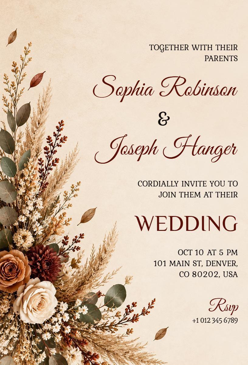 Rustic Leaves and Flowers Wedding Invitation Template