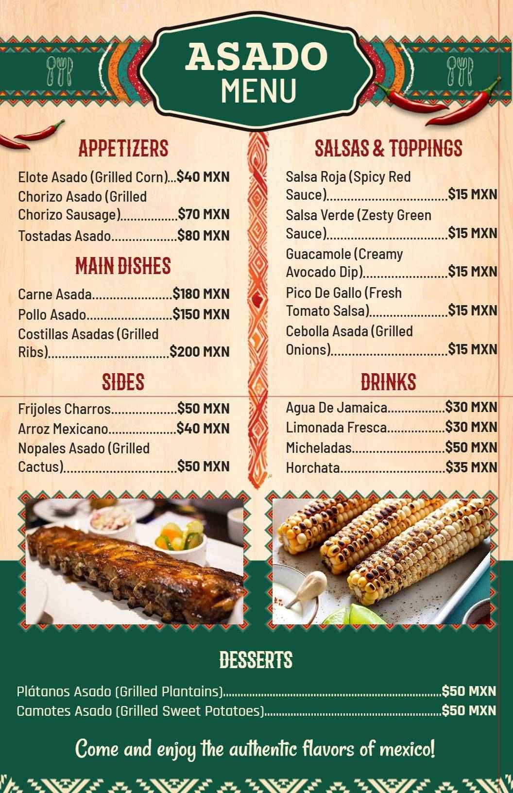 Rustic Mexican Cuisine Asado Dining Menu Template