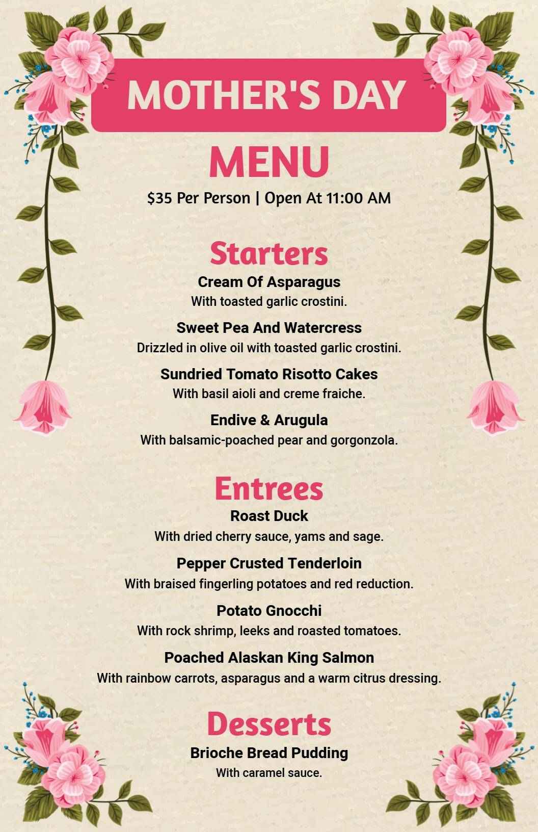 Rustic Pink Flower Mother's Day Menu Template