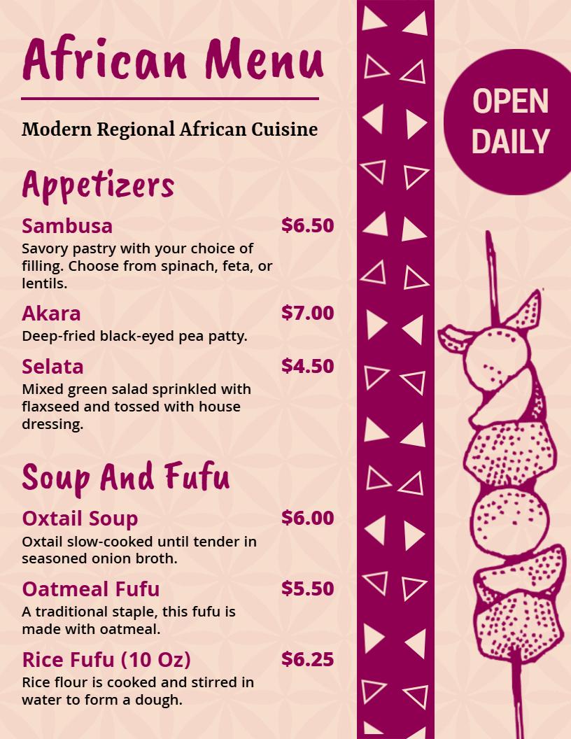 Rustic Purple African Food Menu Template