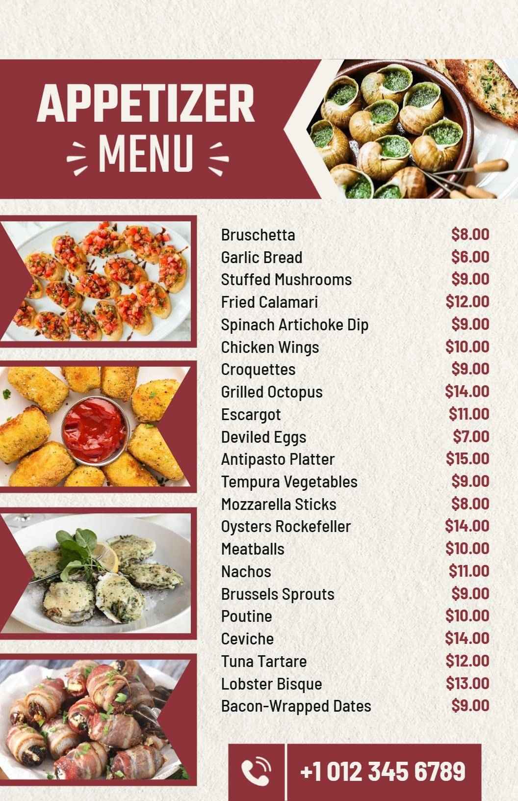 Rustic Red and Beige Restaurant Appetizer Menu Template