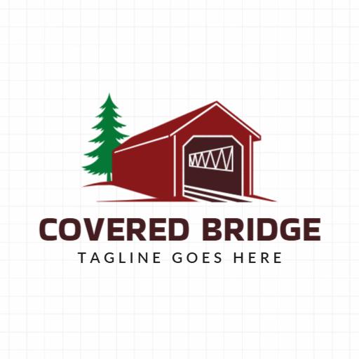 Rustic Red Covered Bridge Surrounded by Green Trees Logo Template