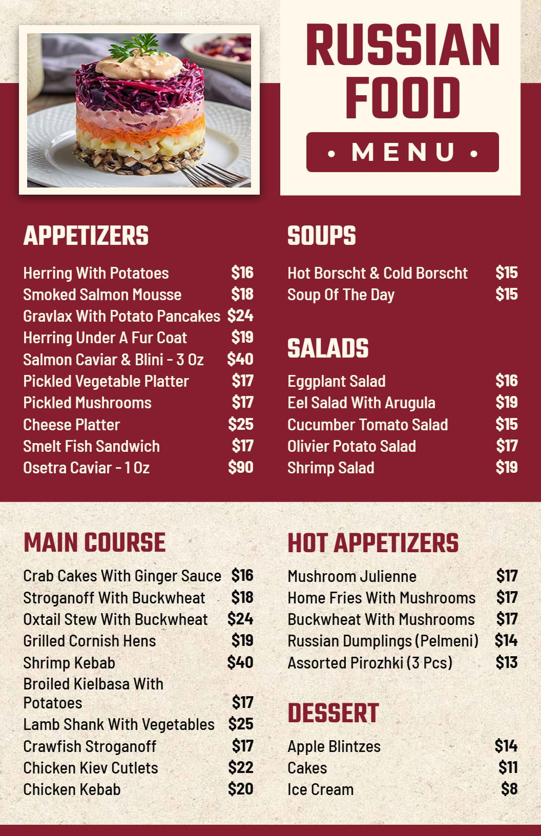 Rustic Red-Themed Russian Delicacies Menu Template