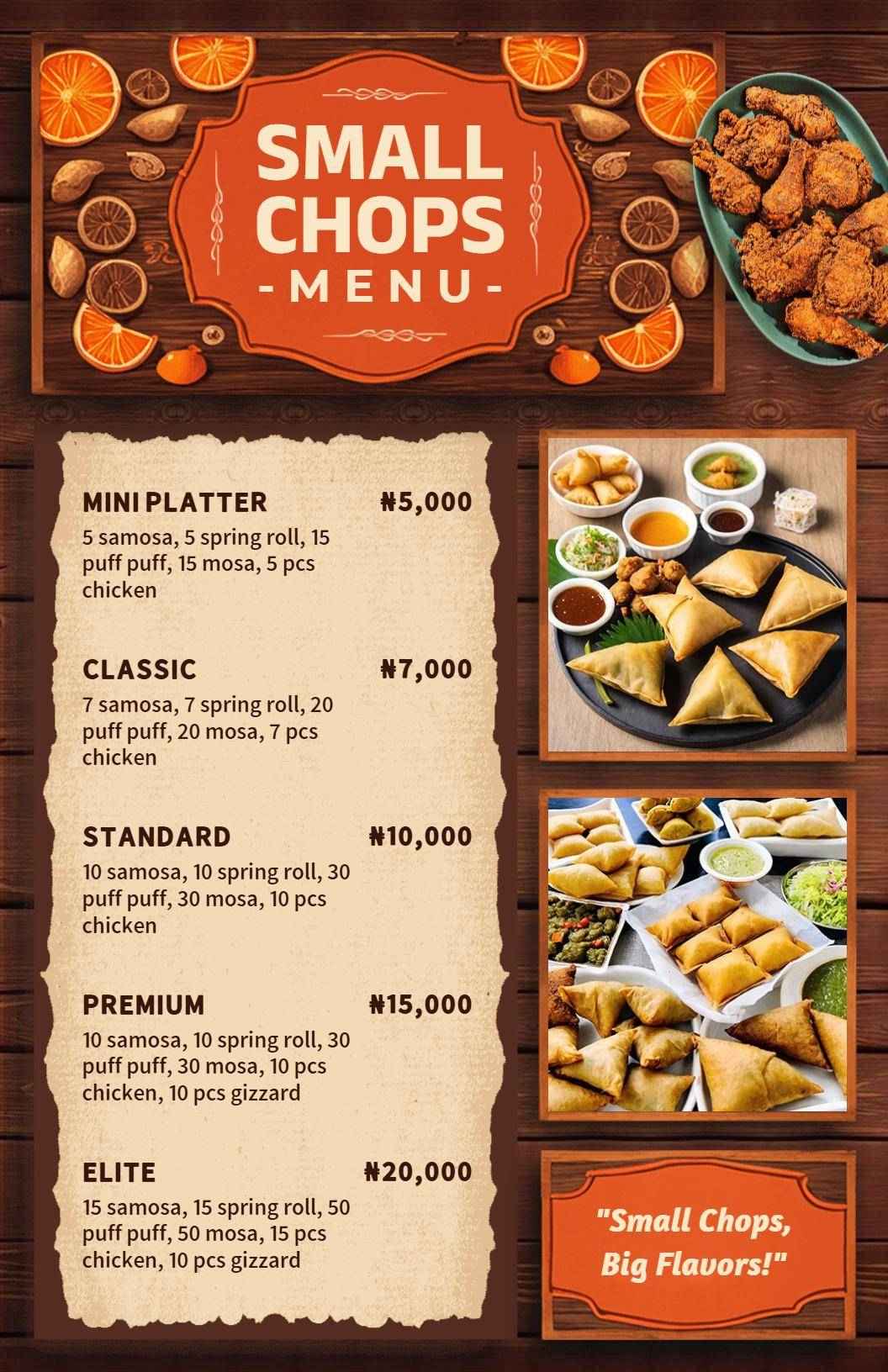 Rustic Vibrant Culinary Delights for Small Chops Menu Template