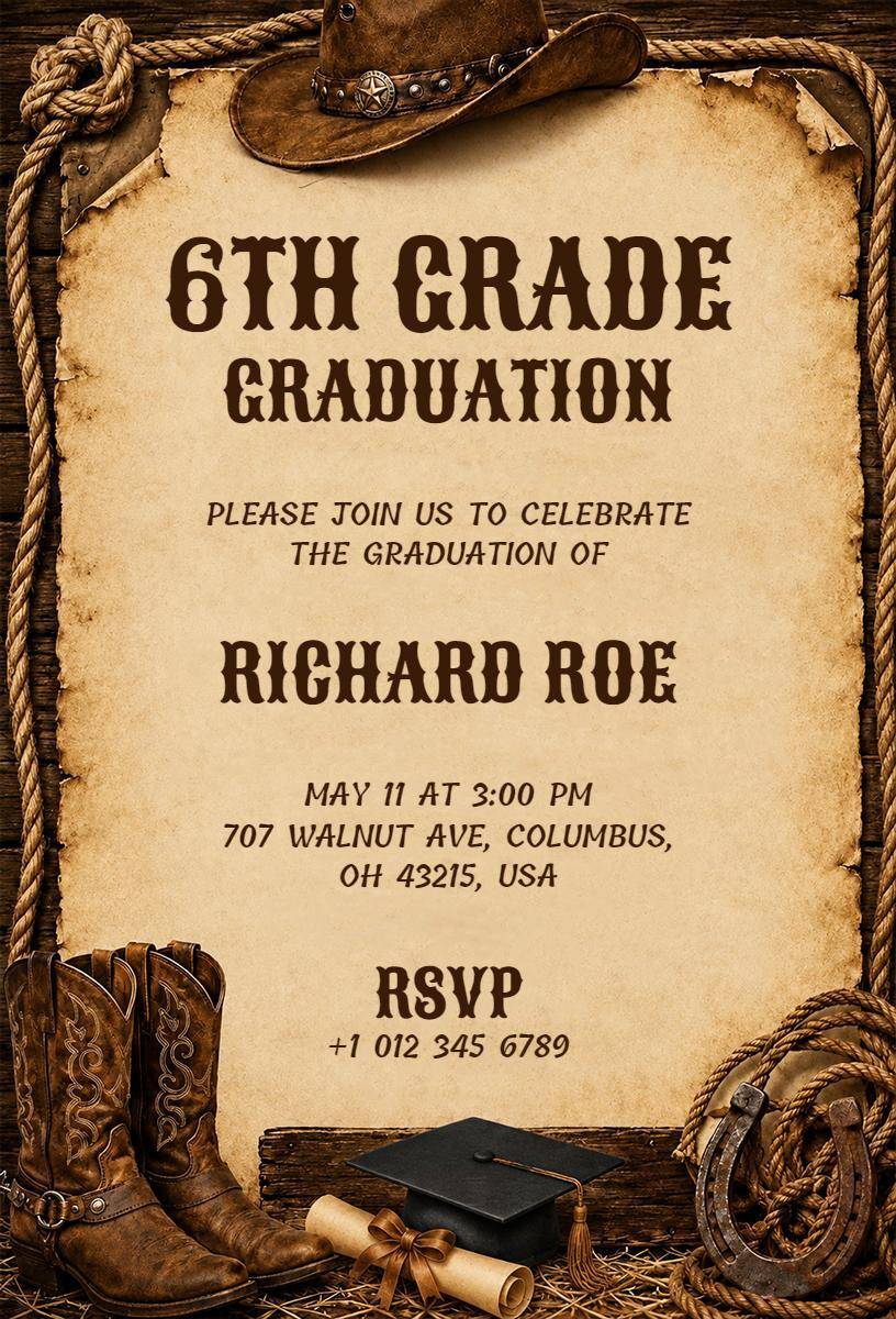 Rustic Western 6th Grade Graduation Celebration Invitation Template