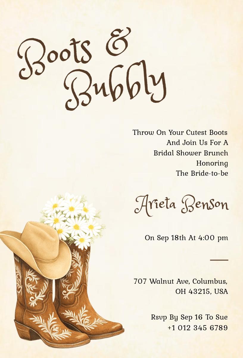 Rustic Western Boots Bubbly Bridal Shower Invitation Template