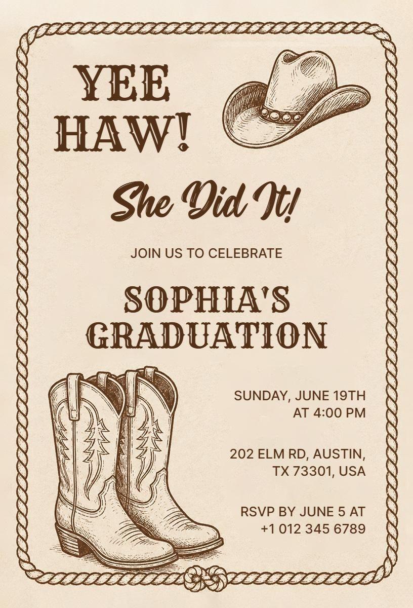 Rustic Western Boots Graduation Celebration Invitation Template