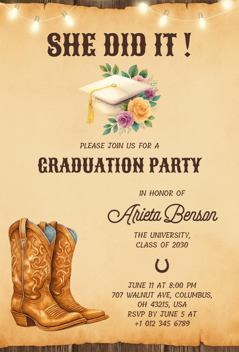 Rustic Western Graduation Celebration Cowboy Boots Invitation Template
