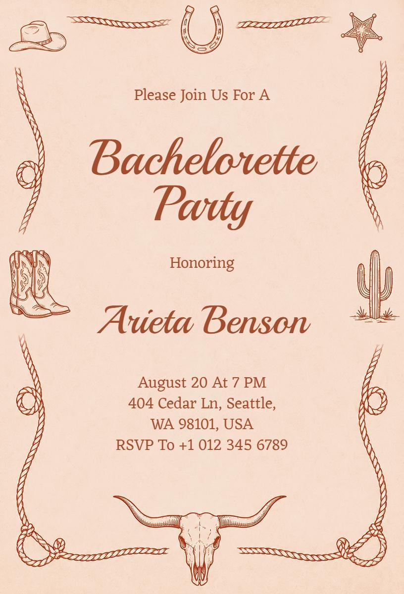 Rustic Western Theme Bachelorette Party Invitation Template