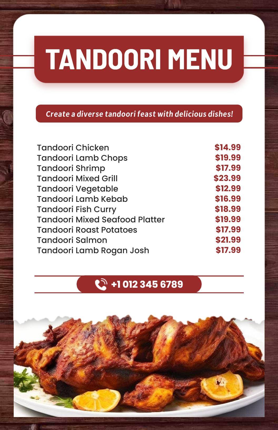 Rustic Wood Background Tandoori Restaurant Menu Template