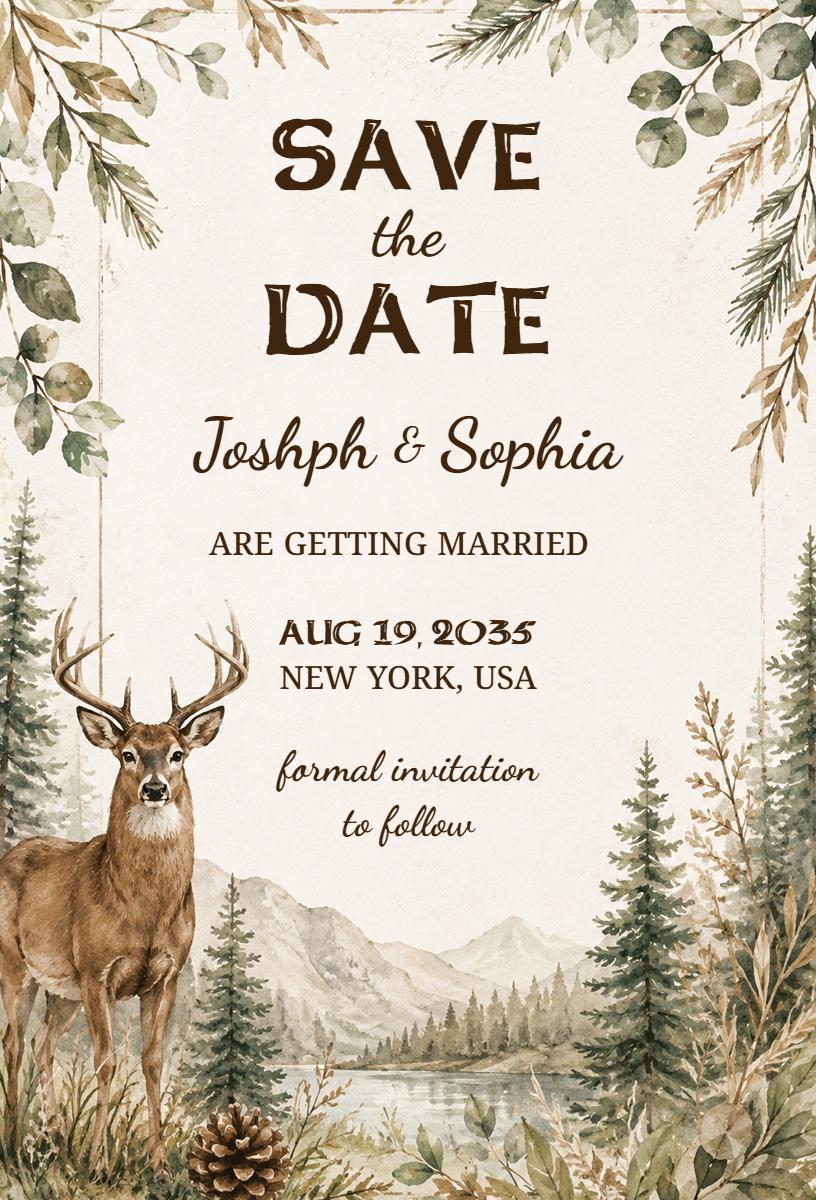 Rustic Woodland Deer Themed Wedding Save The Date Invitation Template