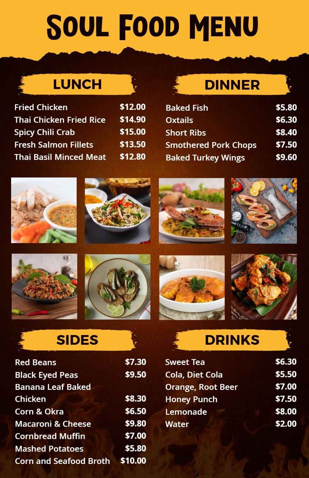 Rustic Yellow and Brown Soul Food Menu Template