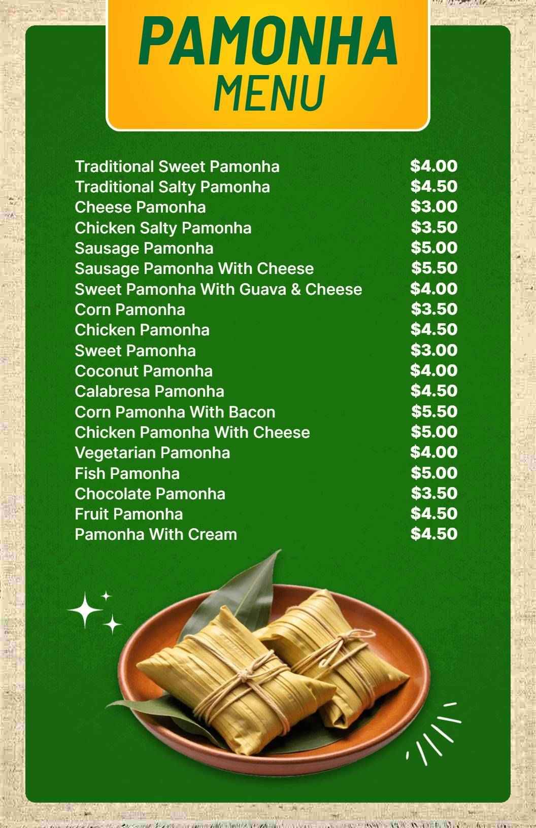 Rustic Yellow and Green Pamonha Food Menu Template