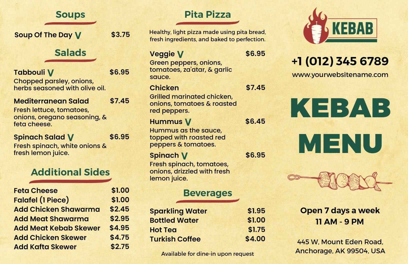 Rustic Yellow Traditional Mediterranean Kebab Menu Template
