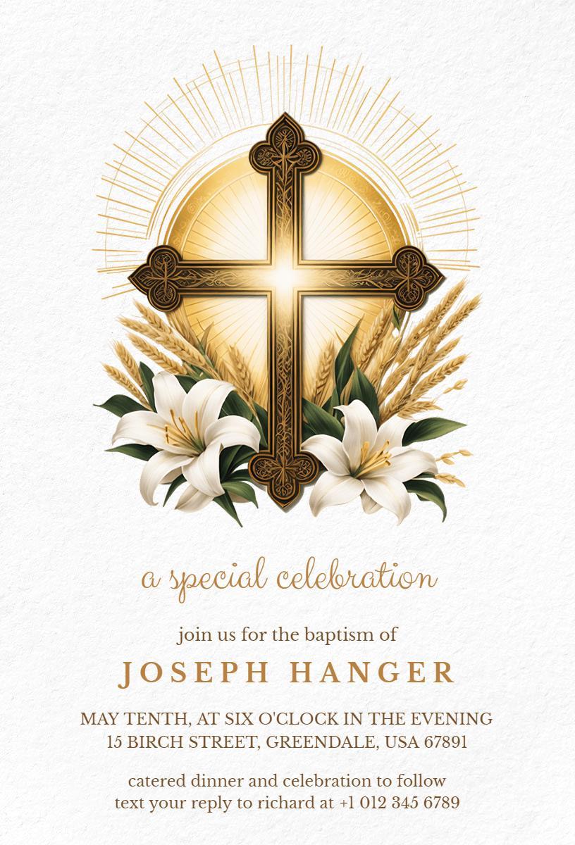 Sacred Gold Cross Baptism Celebration Invitation Template