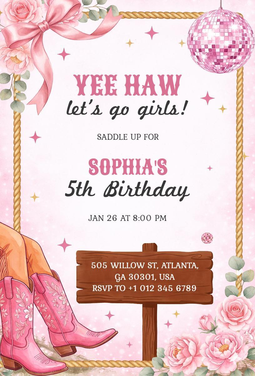 Saddle Up Cowgirl Theme Birthday Celebration Invitation Template
