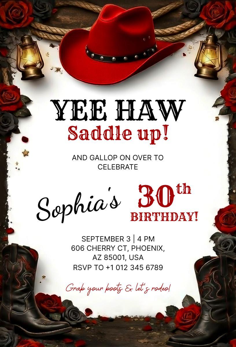 Saddle Up Yee Haw Cowgirl Birthday Celebration Invitation Template