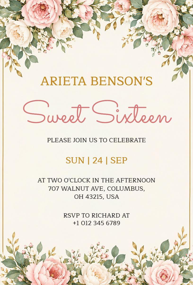Sage Green and Gold Sweet Sixteen Invitation Template