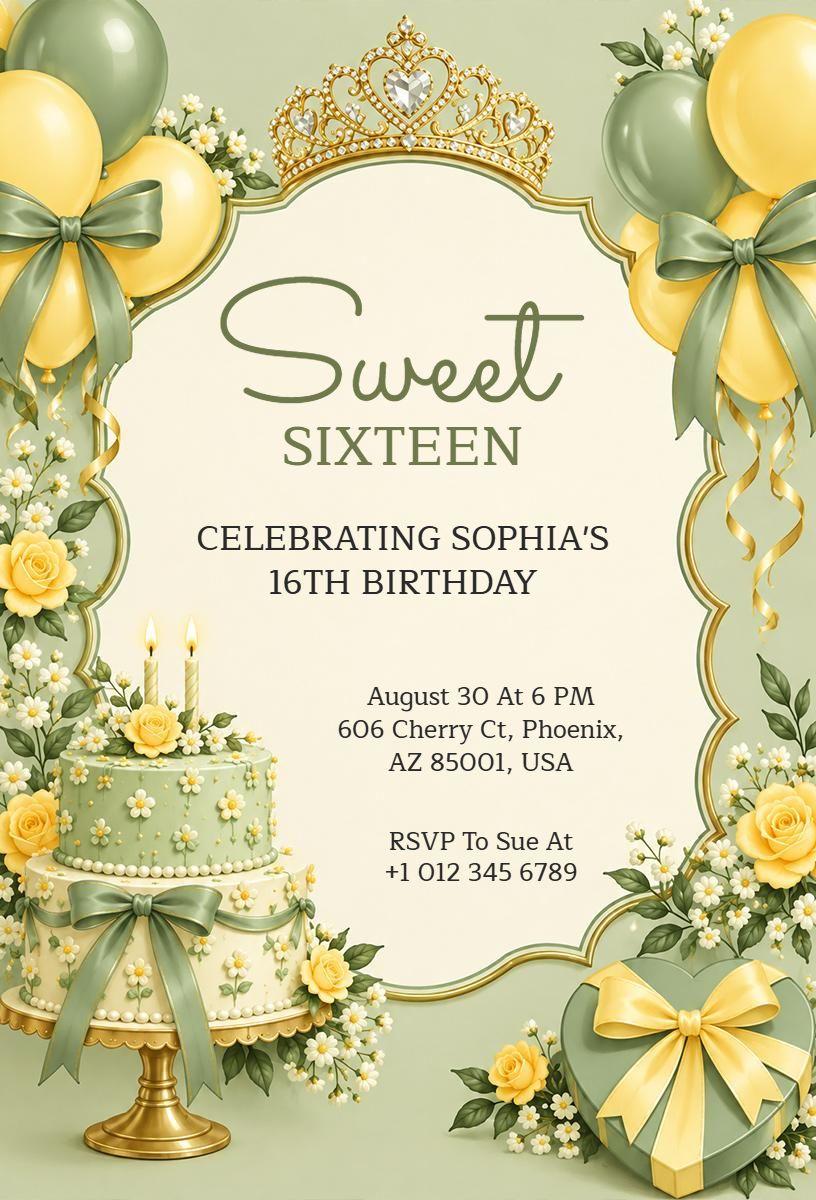 Sage Green and Yellow Sweet Sixteen Celebration Invitation Template