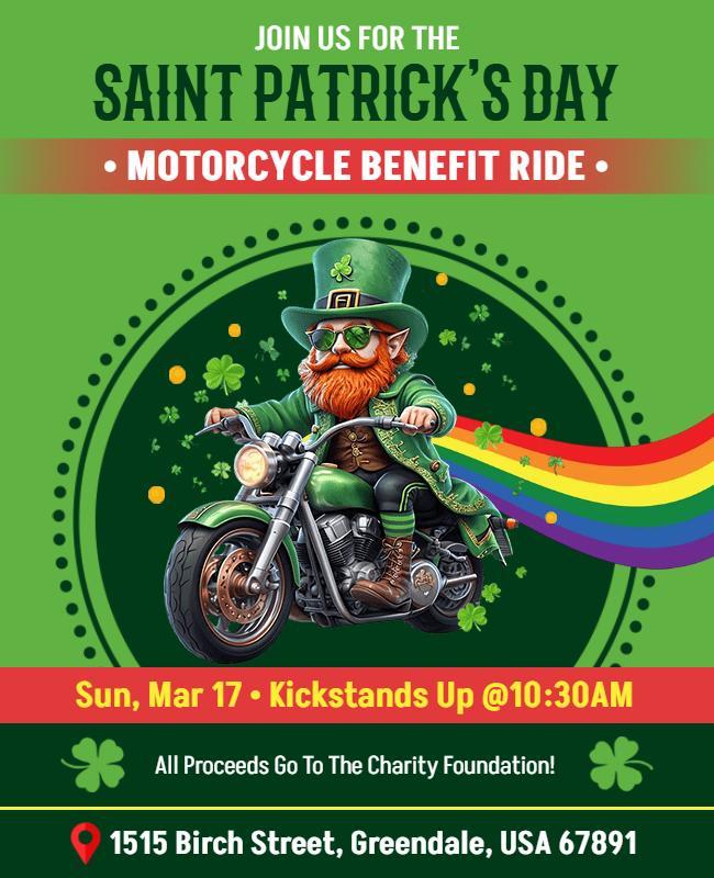 Festive Green Saint Patrick's Day Motorcycle Benefit Ride Flyer Template