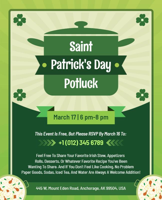 Saint Patricks Day Potluck Invitation Flyer Template