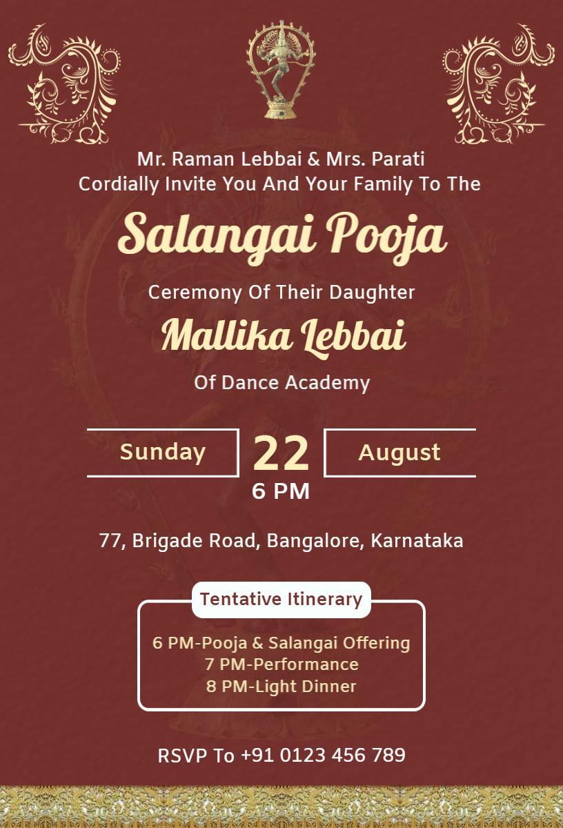 Salangai Pooja Ceremony Dance Academy Celebration Invitation Template