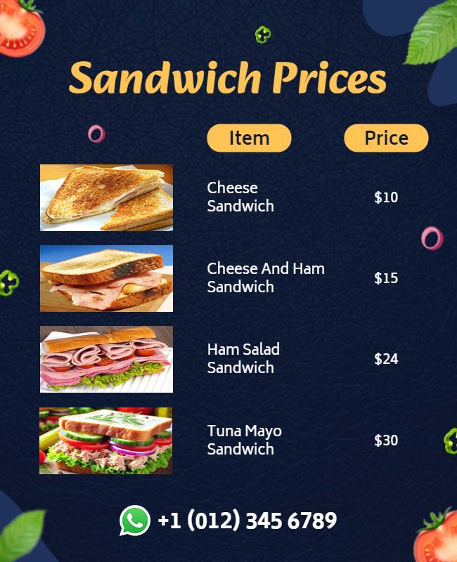 Sandwich Menu Price List Flyer Template