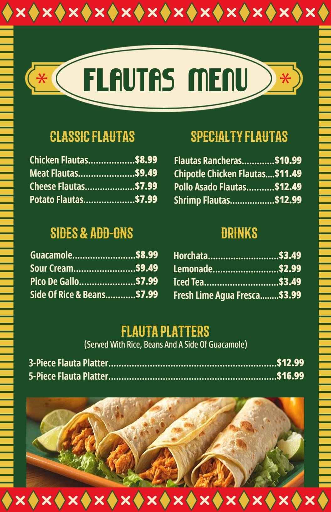 Satisfying Flautas and Classic Sides Featuring Fresh Mexican Menu Template