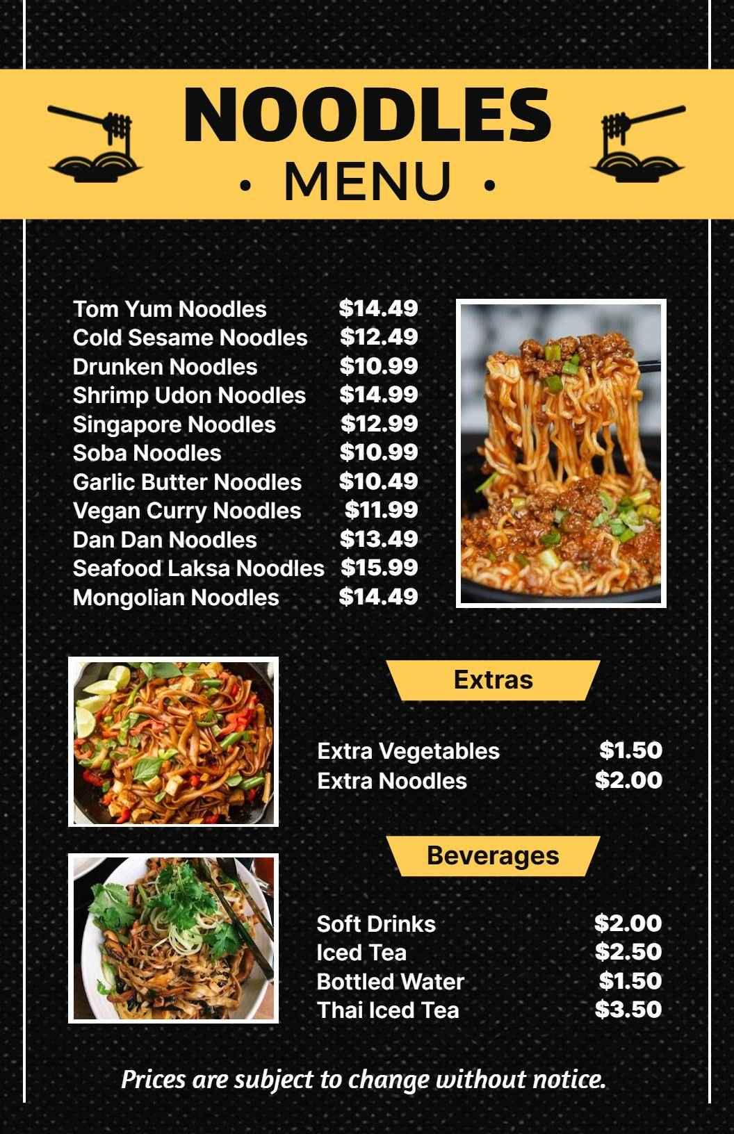 Satisfying Noodle Dishes with Flavorful Varieties Noodles Menu Template