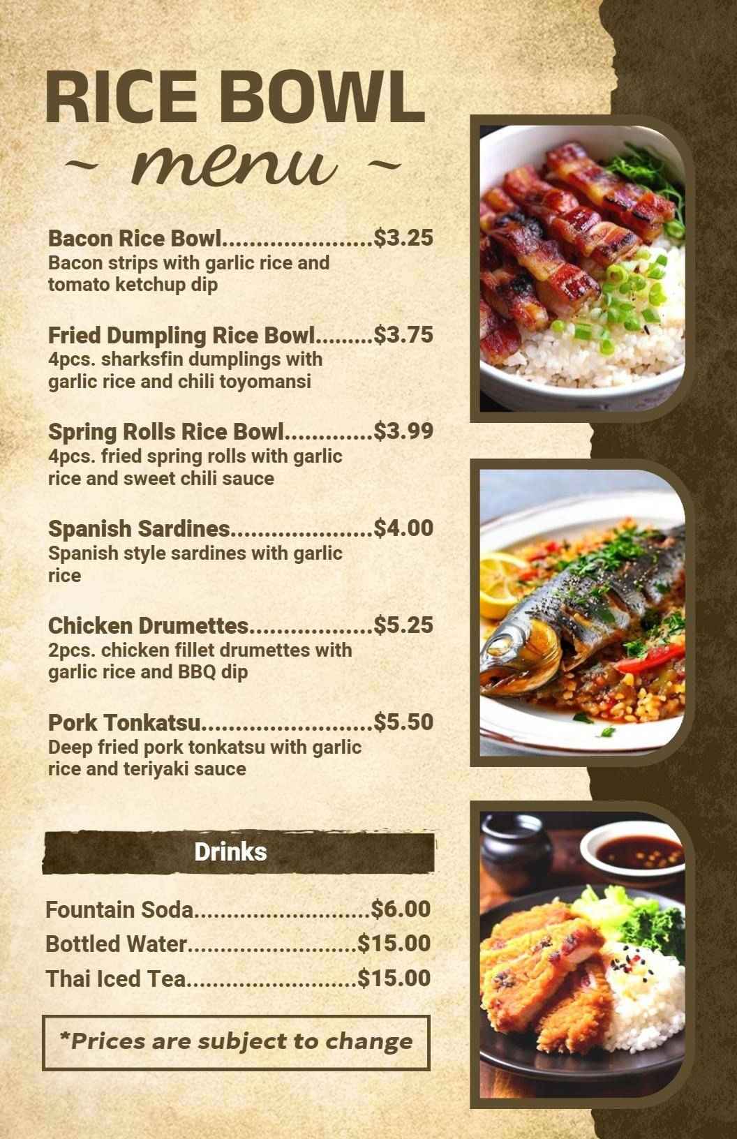 Satisfying Rice Bowls Featuring Delicious Ingredients Rice Menu Template