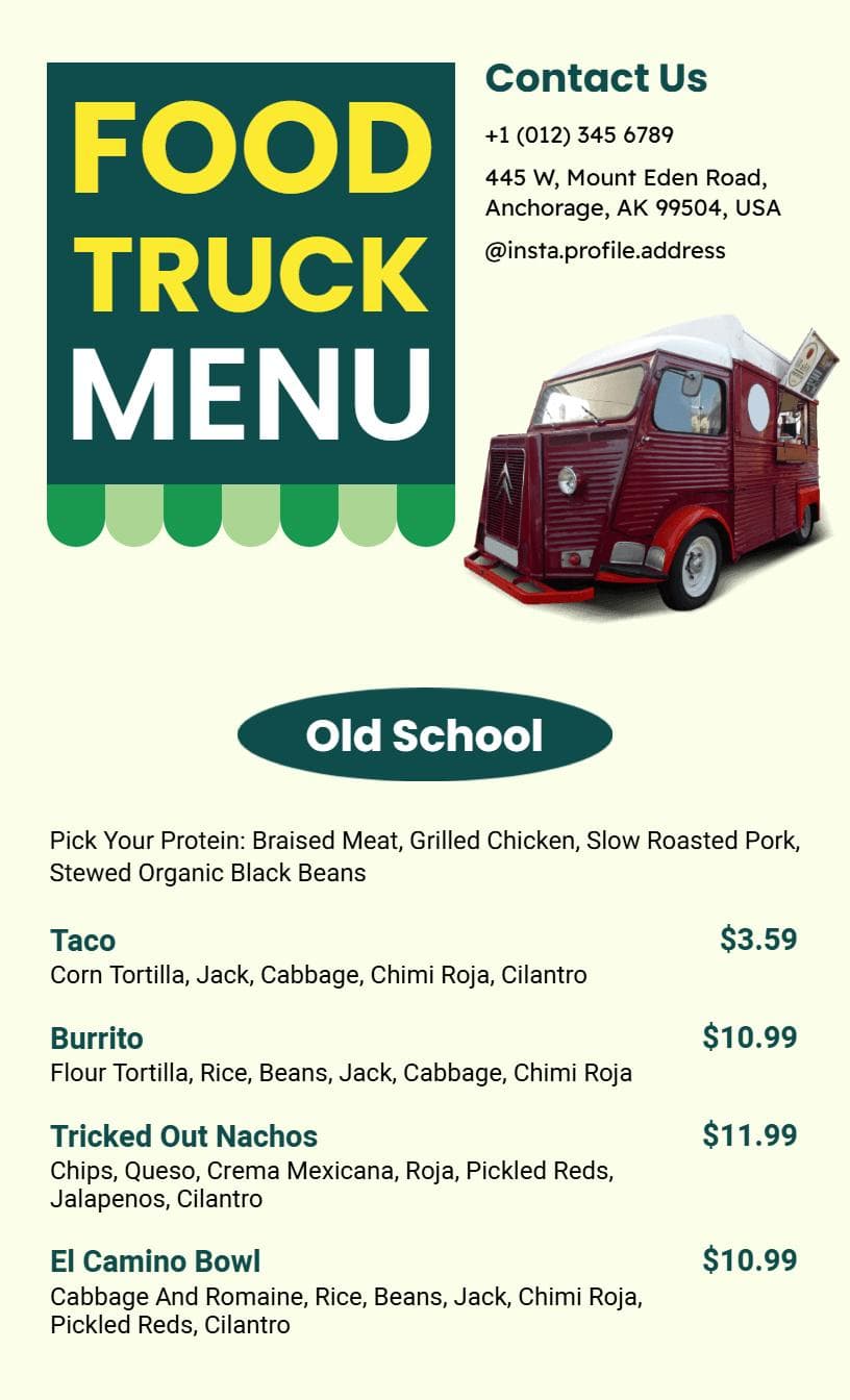 Satisfying Tacos and Flavorful Burritos Food Truck Menu Template
