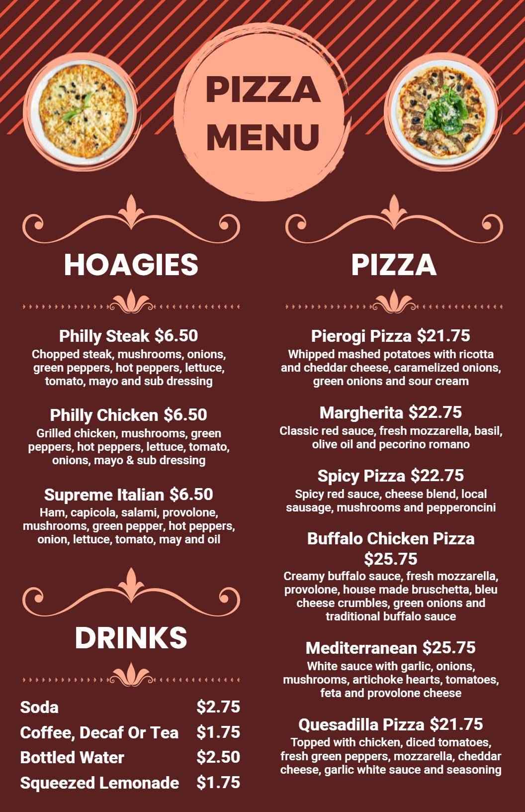 Savor Artisan Pizza Creations with Unique Toppings Pizza Menu Template