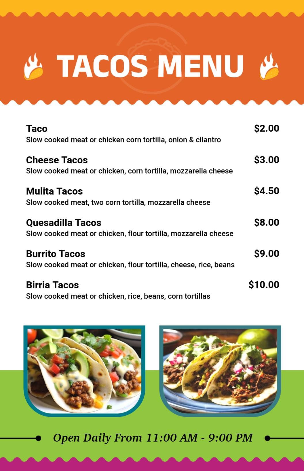 Savor Delicious Tacos with Fresh Fillings and Flavors Tacos Menu Template