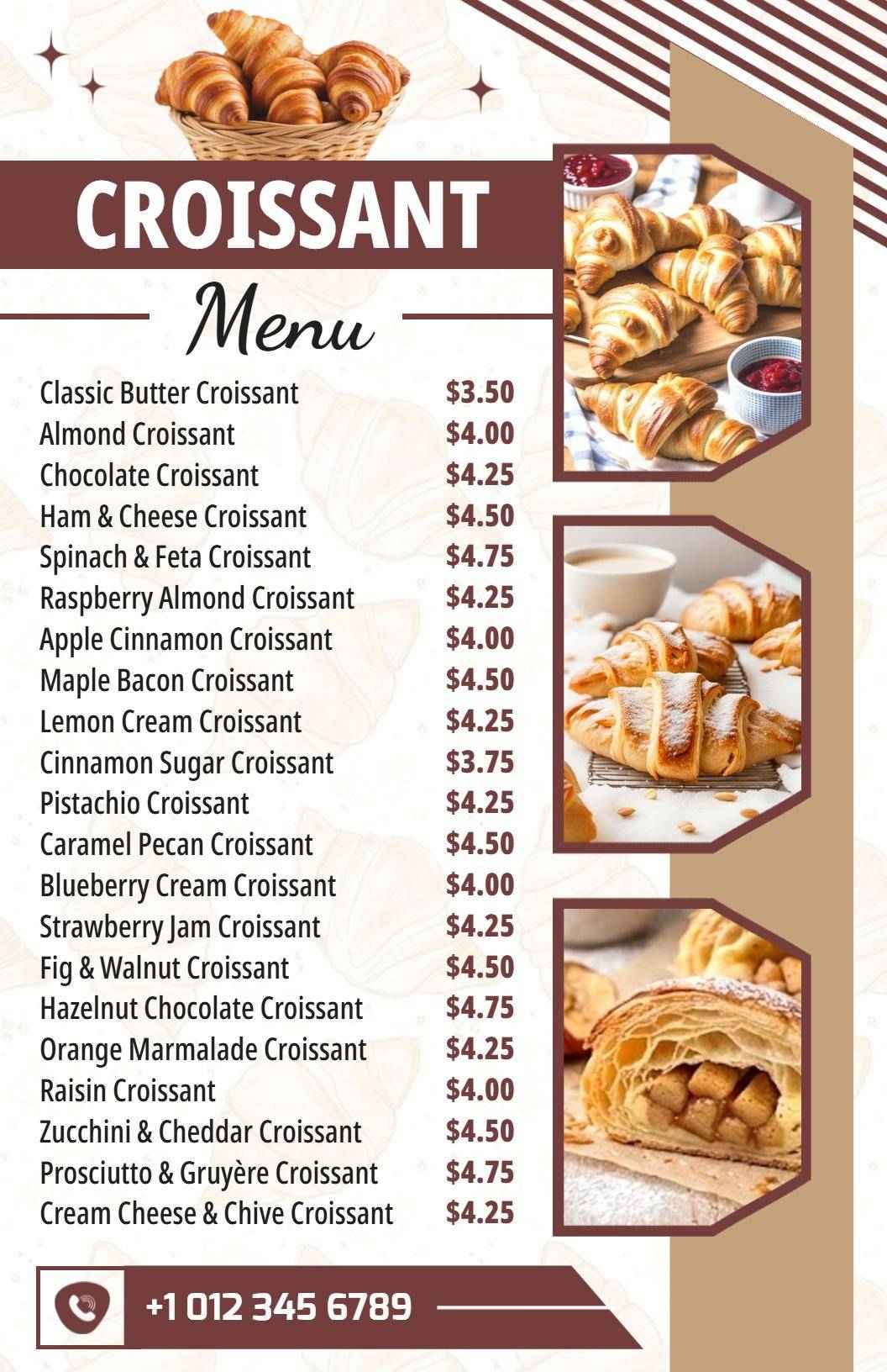 Savory and Sweet Croissant Varieties for Every Taste Bakery Menu Template