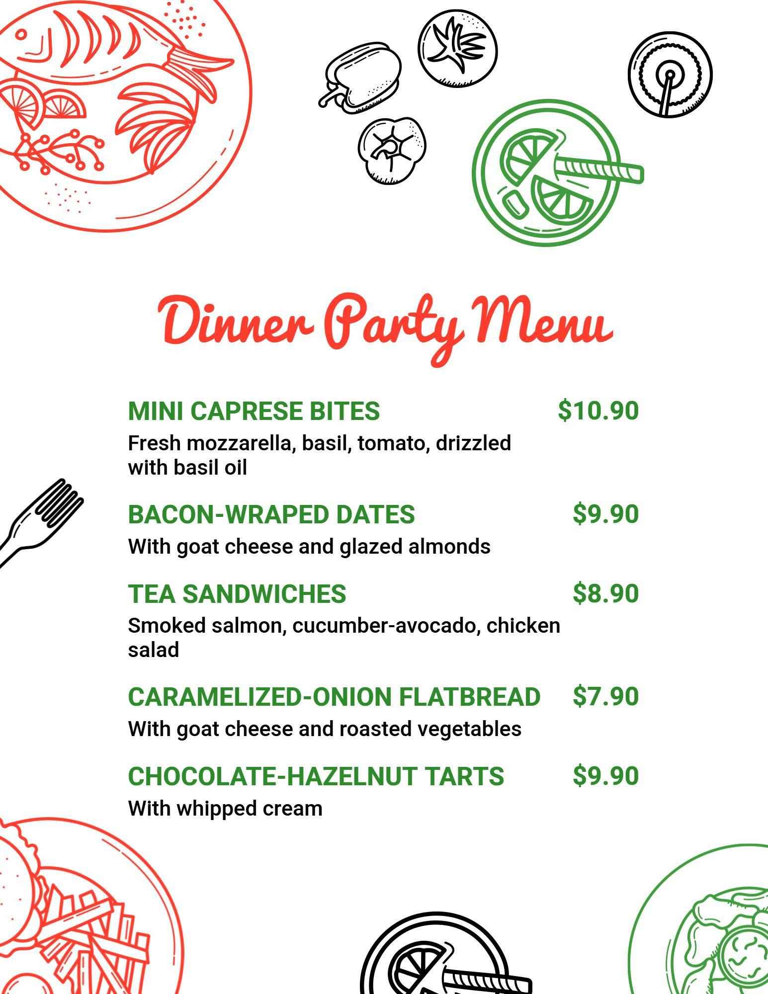 Savory Appetizers and Delicious Treats Dinner Party Menu Template