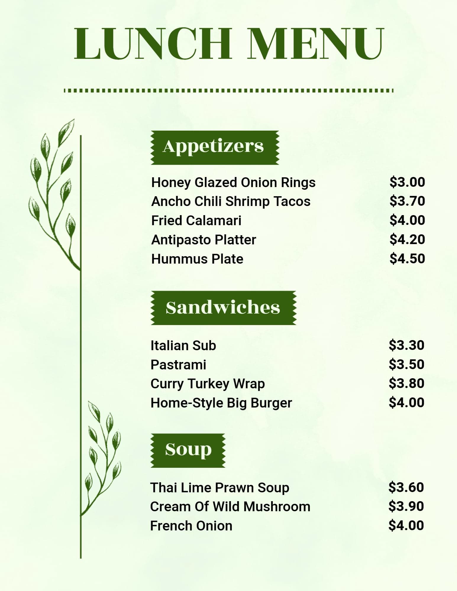 Savory Appetizers and Tasty Sandwich Selections Lunch Menu Template