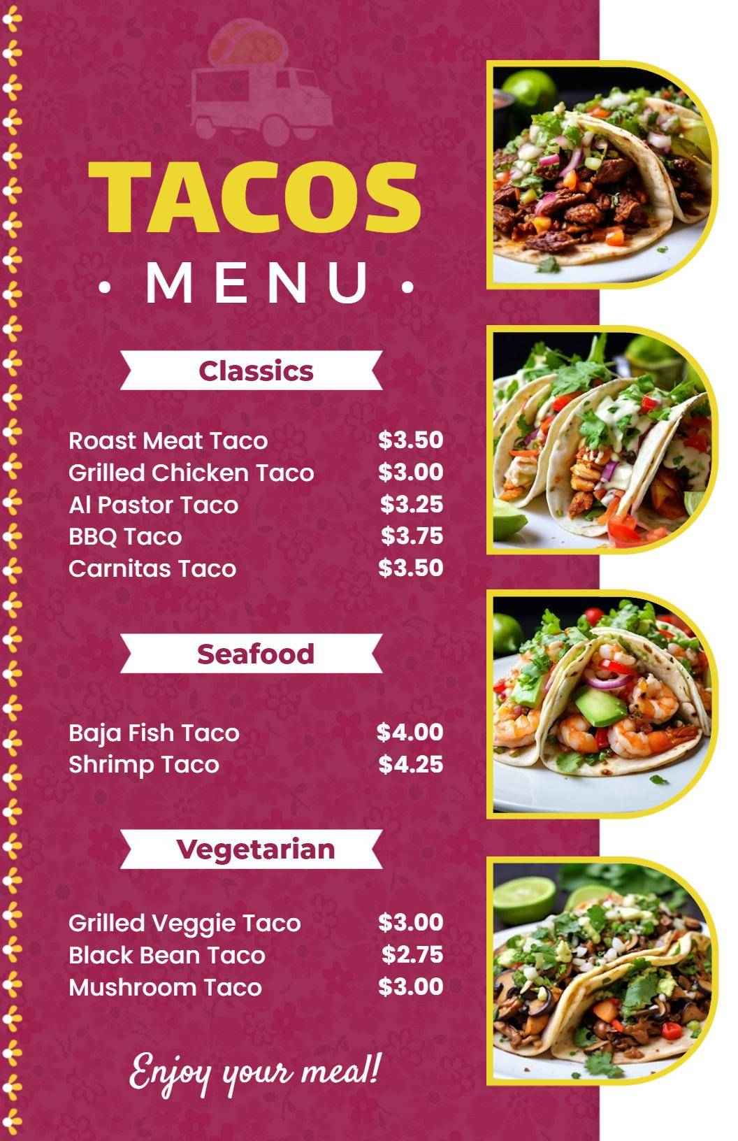 Savory Authentic Tacos Featuring Classics and Seafood Tacos Menu Template