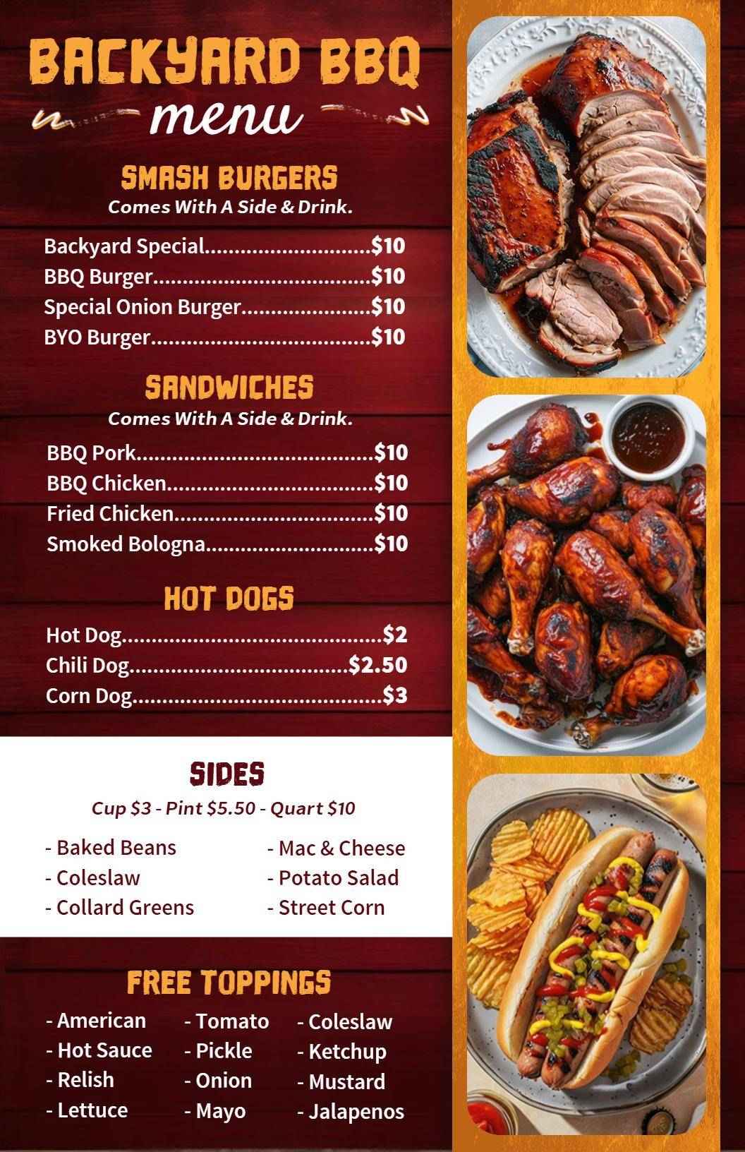 Savory Backyard BBQ Favorites with Hearty Sides BBQ Menu Template