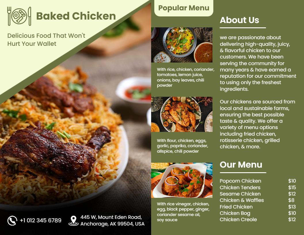 Savory Baked Chicken Menu with Delicious Rice and Sides Brochure Template