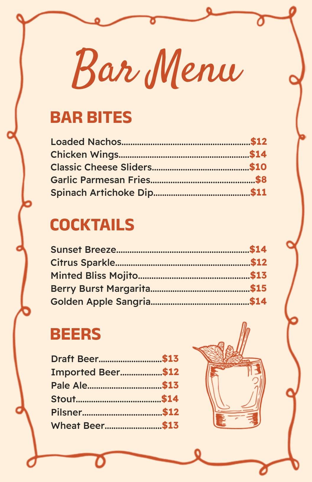 Savory Bar Bites and Refreshing Cocktails for Everyone Bar Menu Template