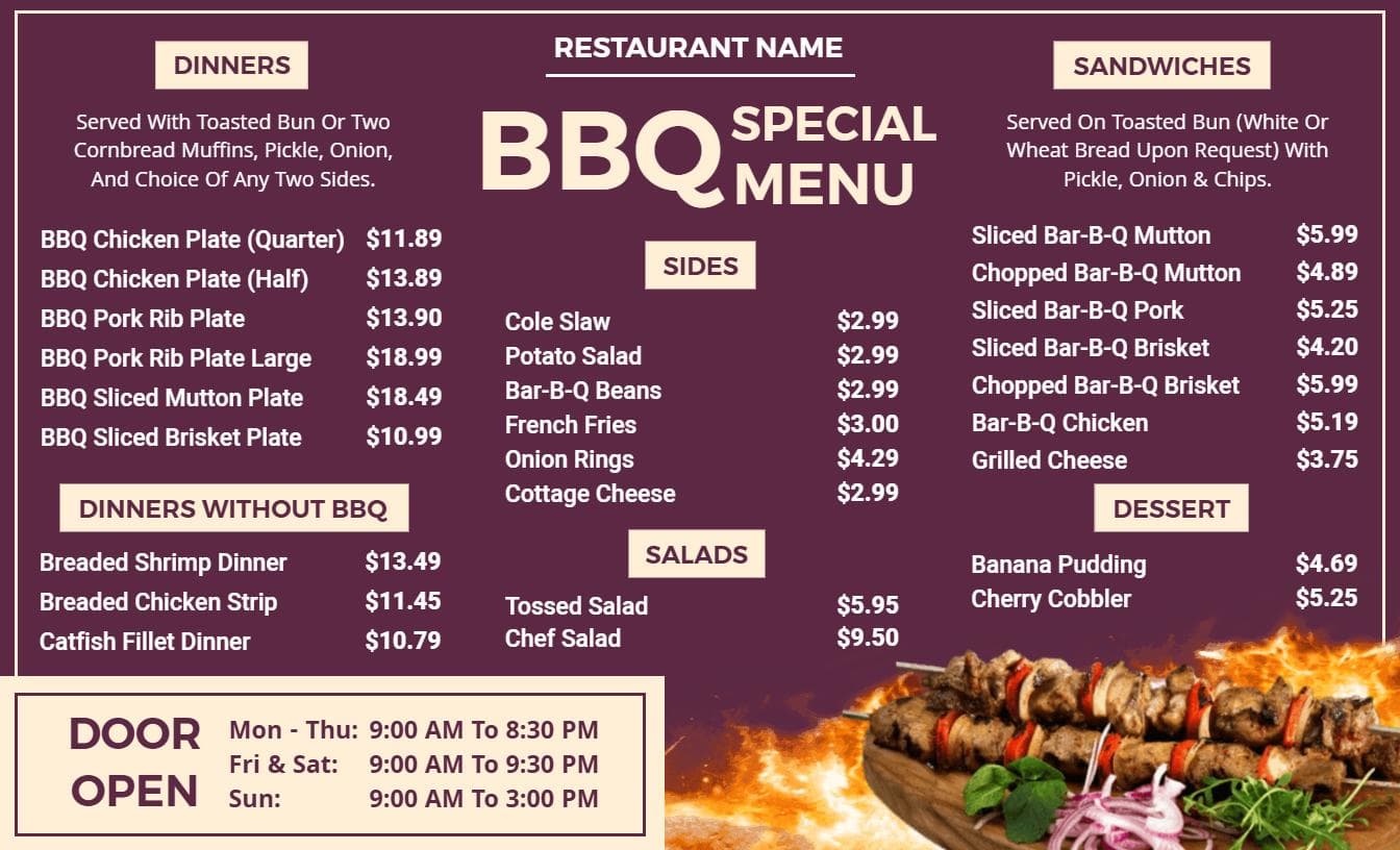 Savory BBQ Chicken, Ribs, and Sandwiches Selection BBQ Menu Template