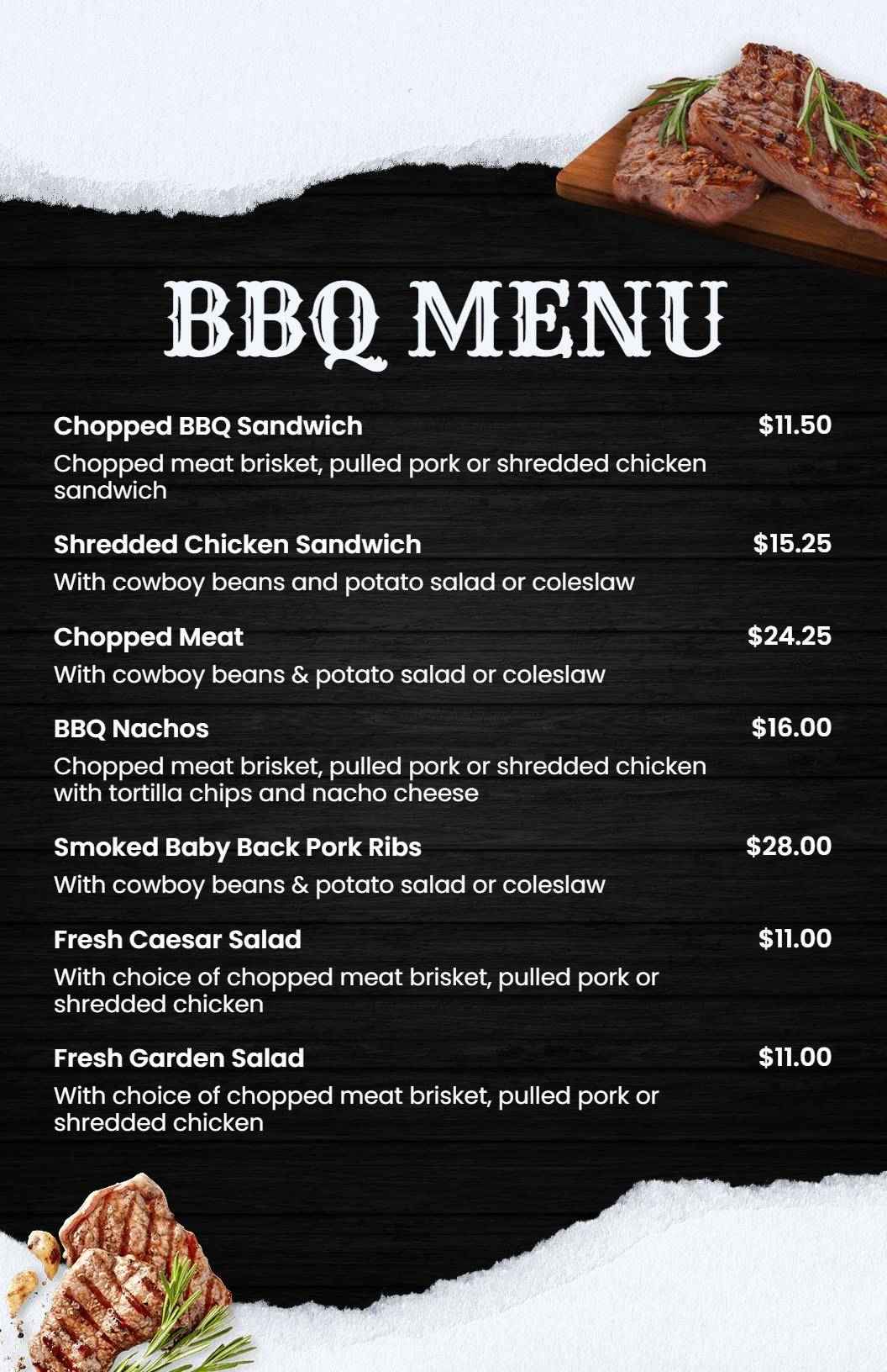 Savory BBQ Ribs and Delicious Chicken Sandwiches BBQ Menu Template