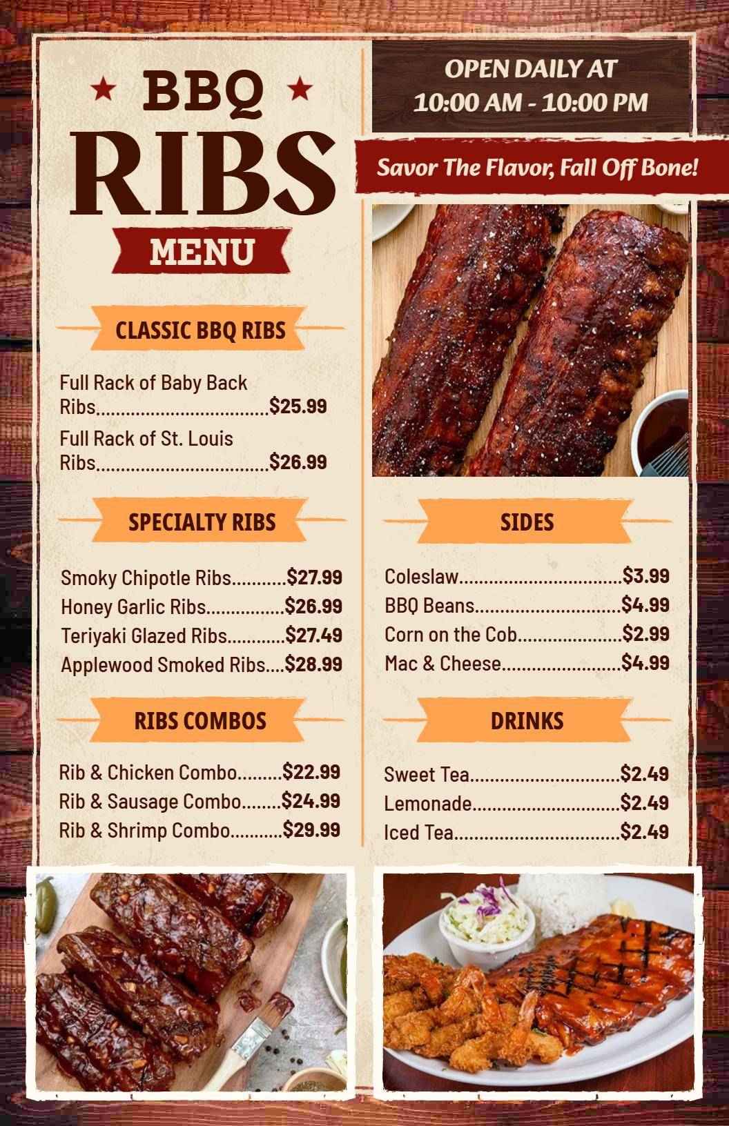 Savory BBQ Ribs and Tasty Sides Featuring Combos BBQ Menu Template