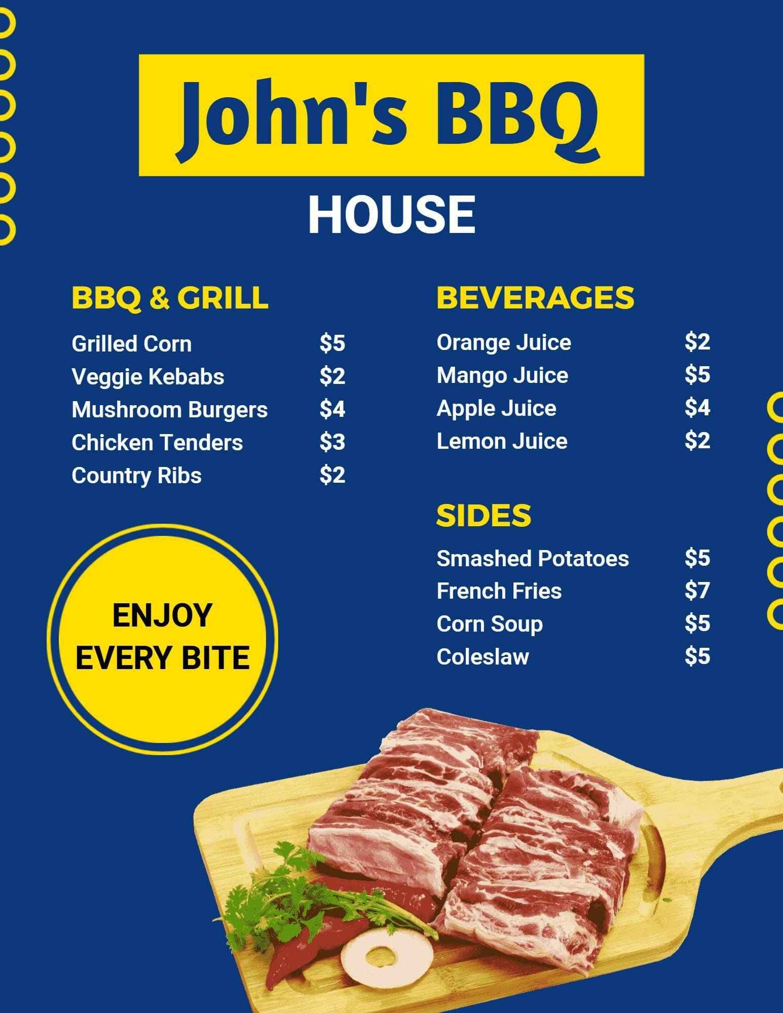 Savory BBQ Ribs, Burgers, and Grilled Sides BBQ Menu Template