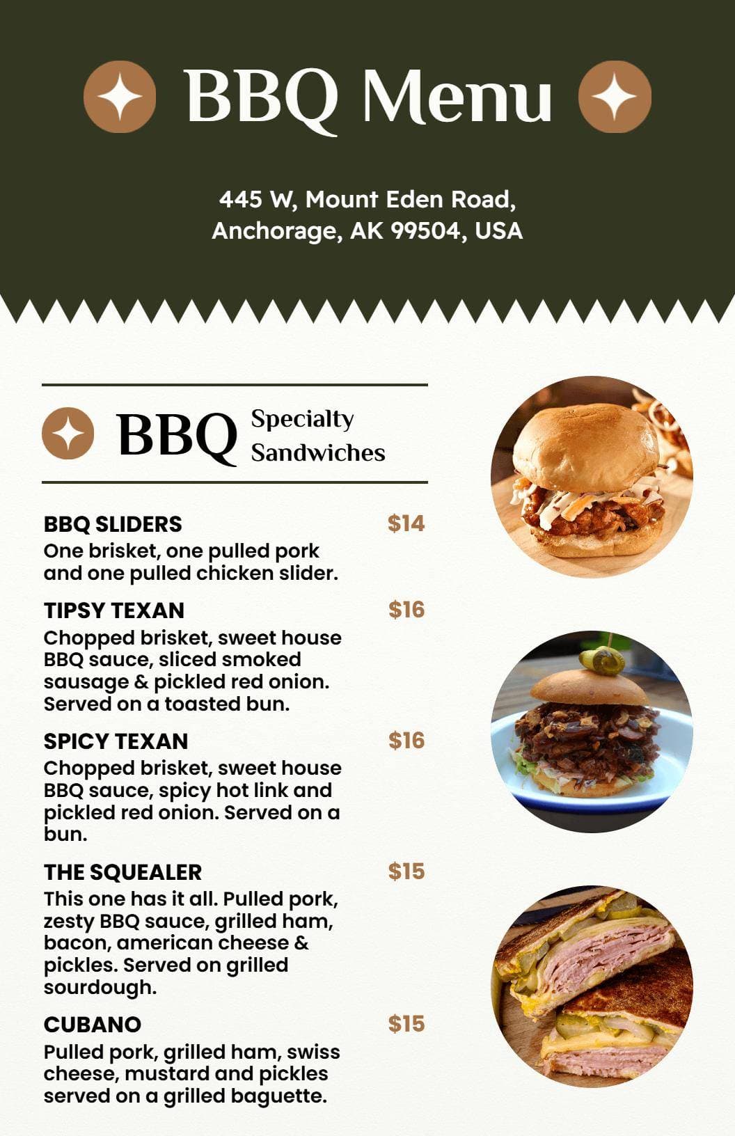 Savory BBQ Specialty Sandwiches with Flavorful Meats BBQ Menu Template