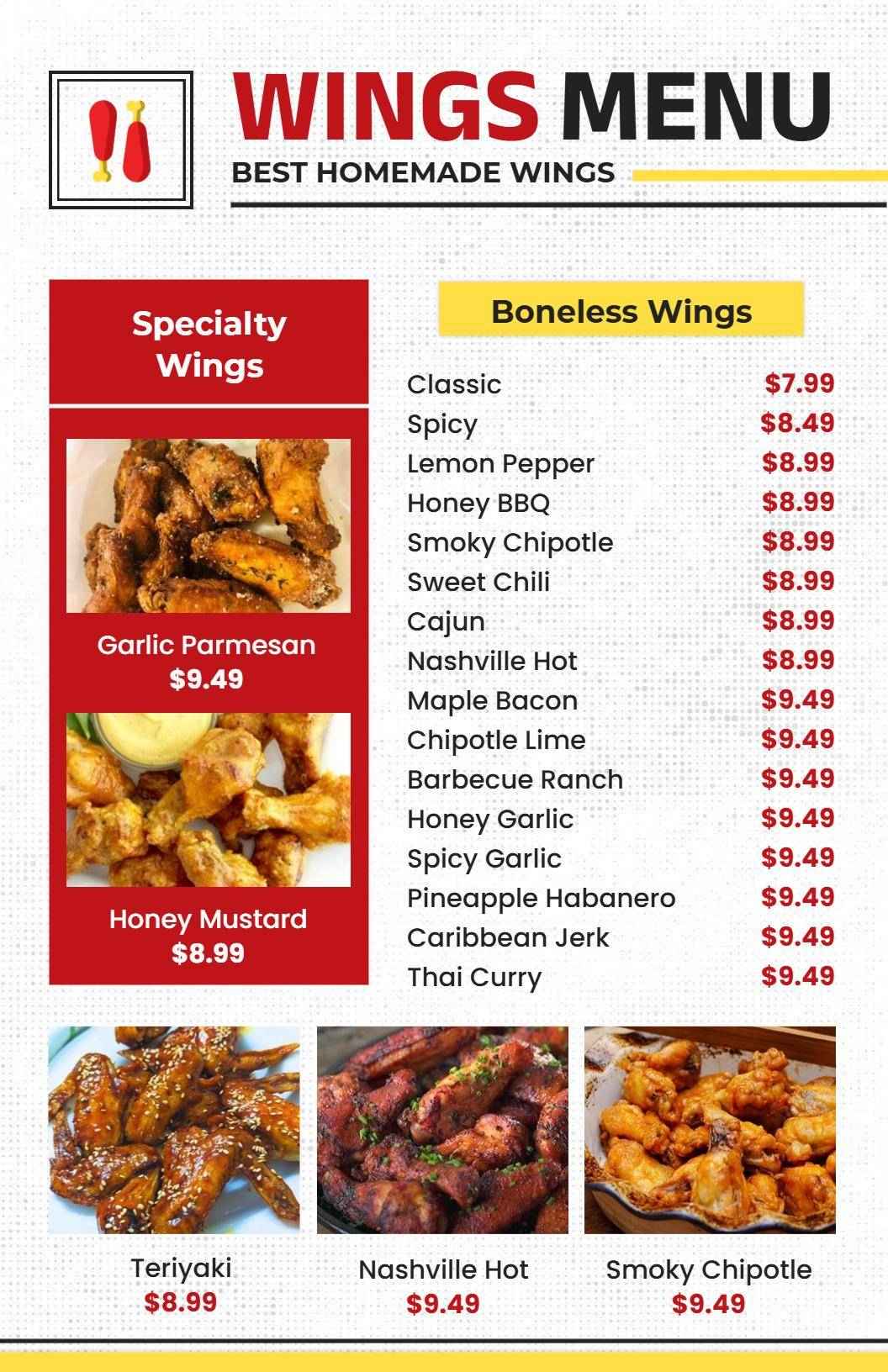 Savory Boneless and Specialty Wings Featuring Flavorful Sauces Chicken Menu Template
