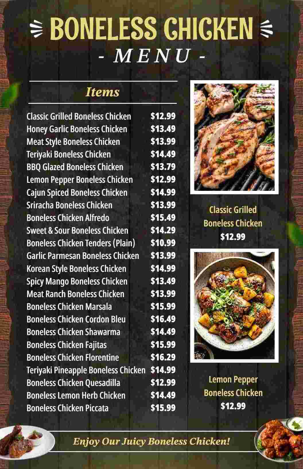 Savory Boneless Chicken Dishes with Delicious Flavors Chicken Menu Template