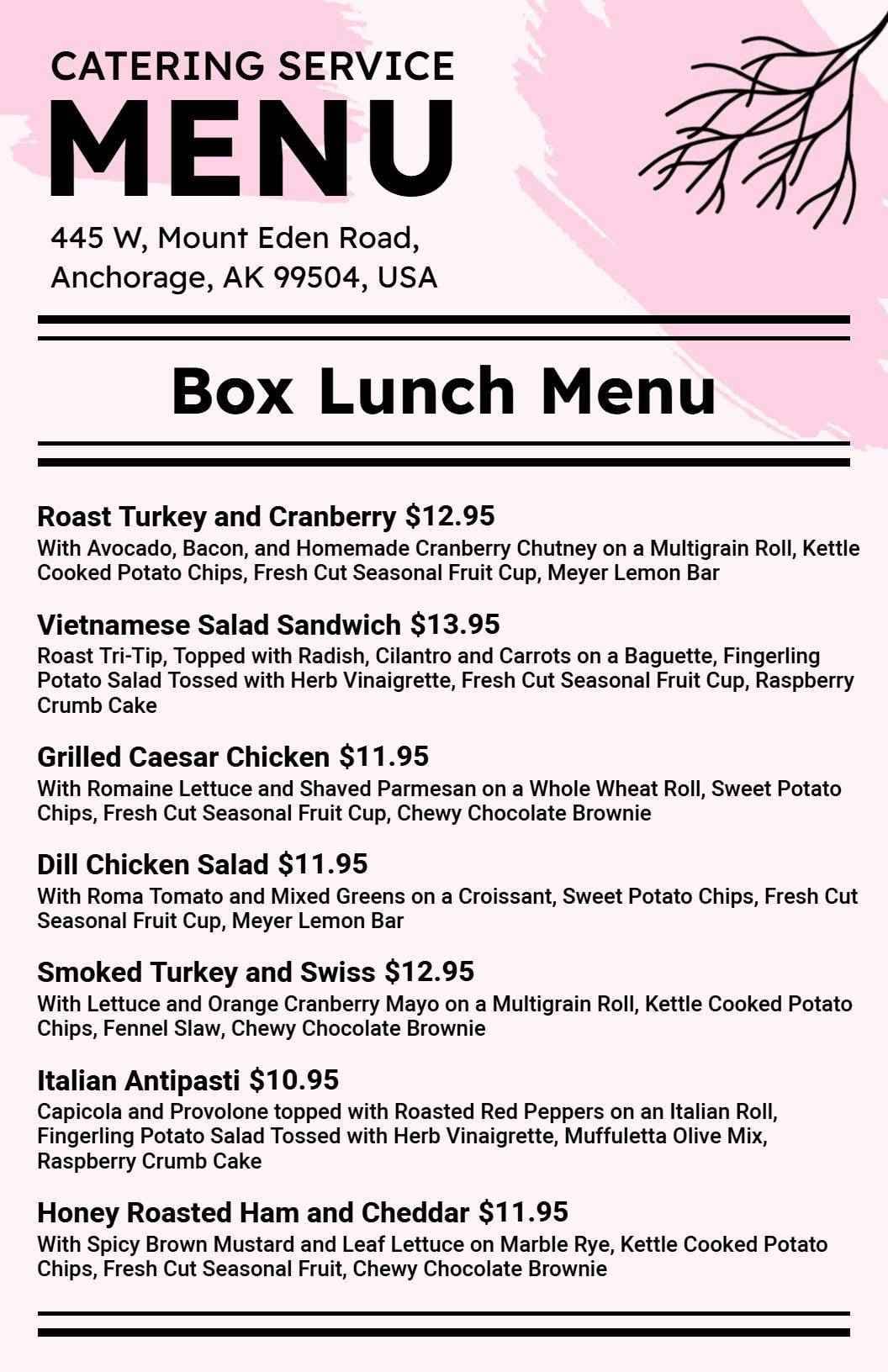 Savory Box Lunch Selections with Fresh Ingredients Catering Menu Template