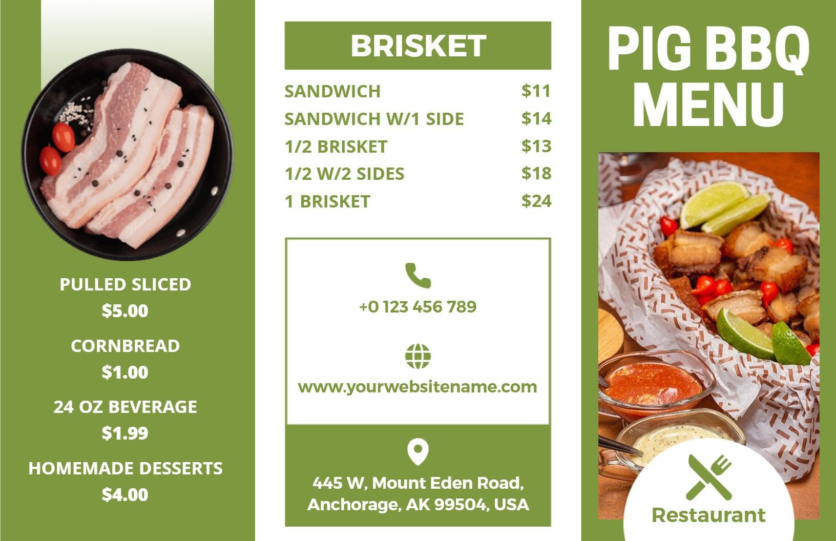 Savory Brisket and Pulled Pork Dishes with Sides BBQ Menu Template
