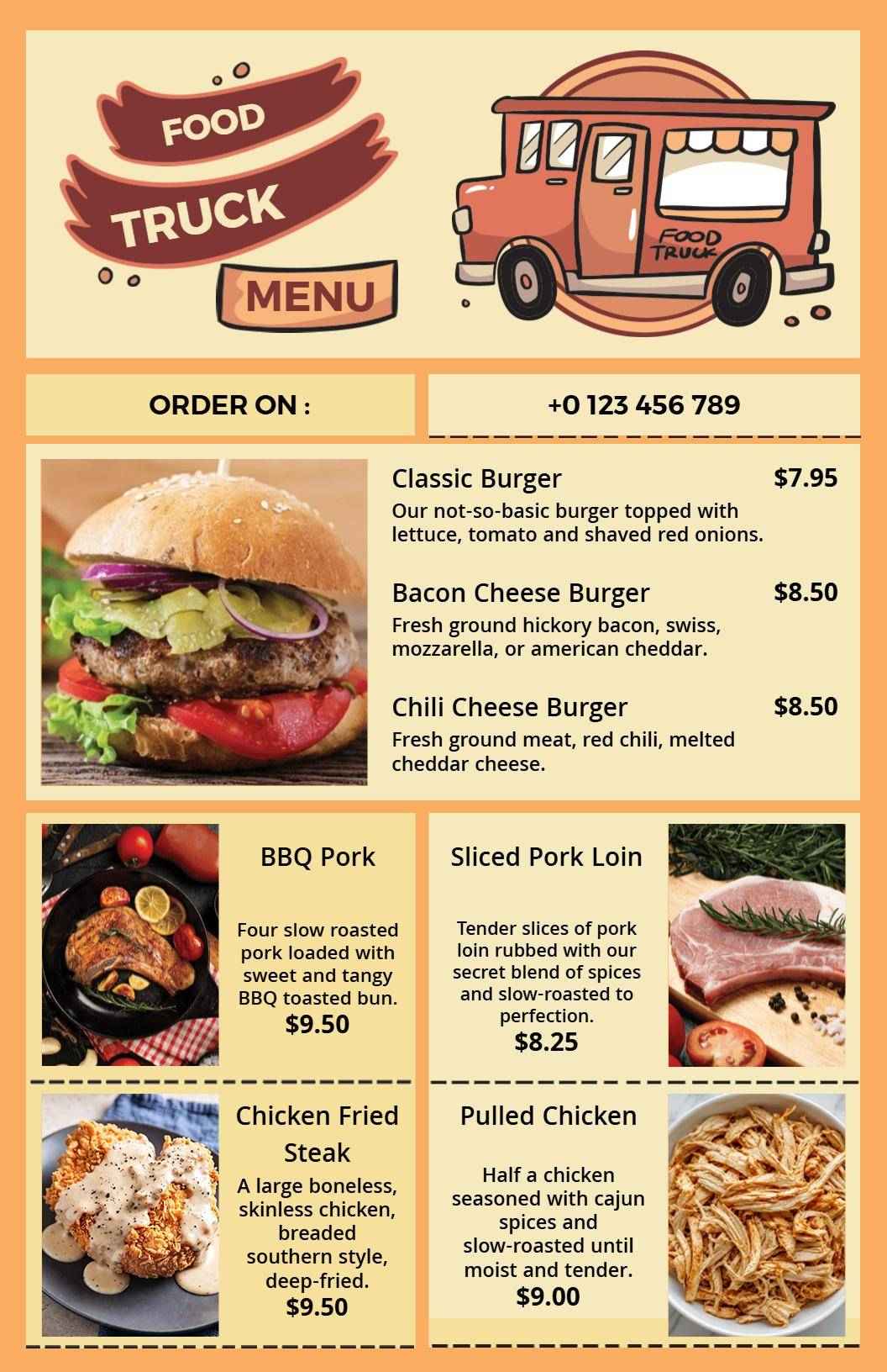Savory Burgers and Delicious Curries From Our Food Truck Menu Template